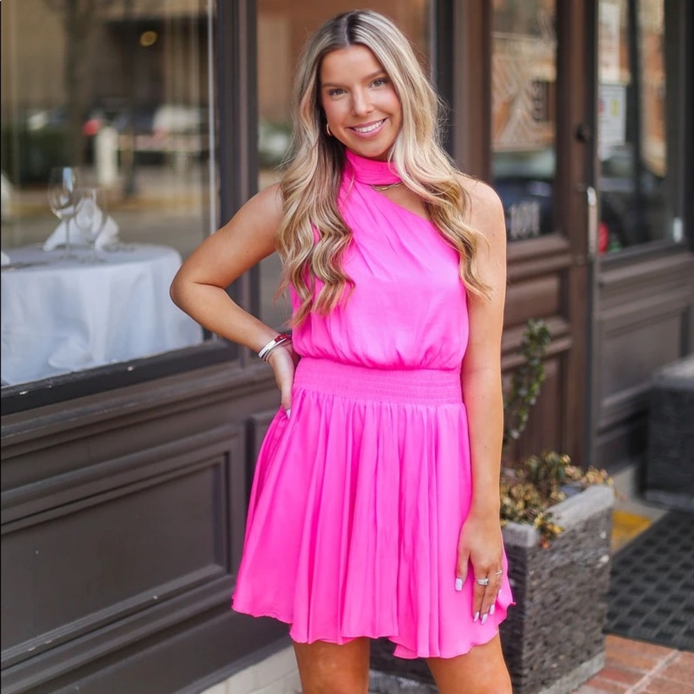 Mock neck smocked waist hot pink dress
